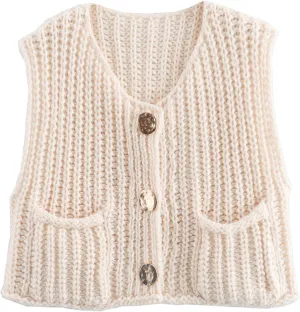 HOULENGS Women's Spring Chunky Sweater Vest 2025 Button Down Sleeveless Knit Top Fashion Cardigan Vest with Pockets