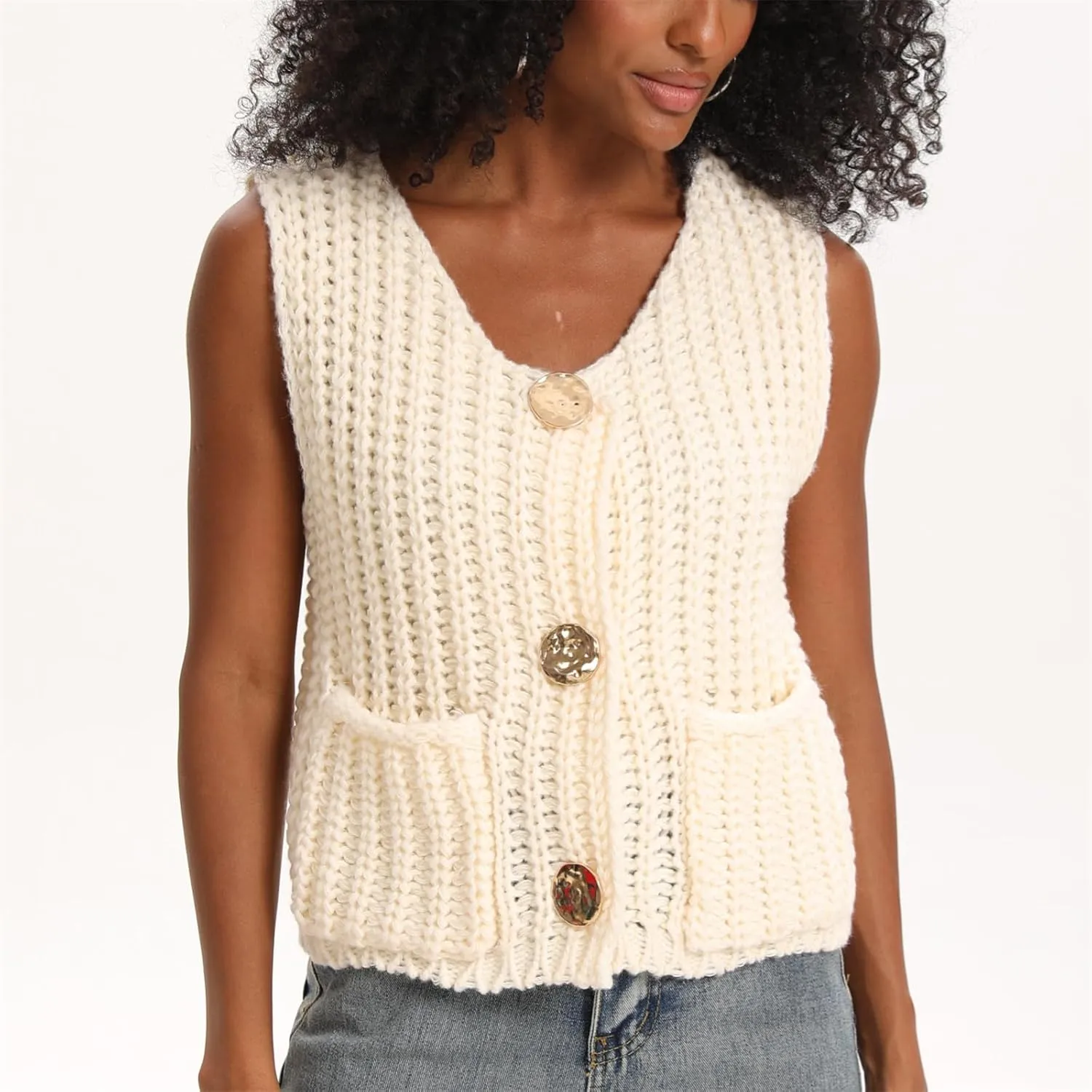 HOULENGS Women's Spring Chunky Sweater Vest 2025 Button Down Sleeveless Knit Top Fashion Cardigan Vest with Pockets