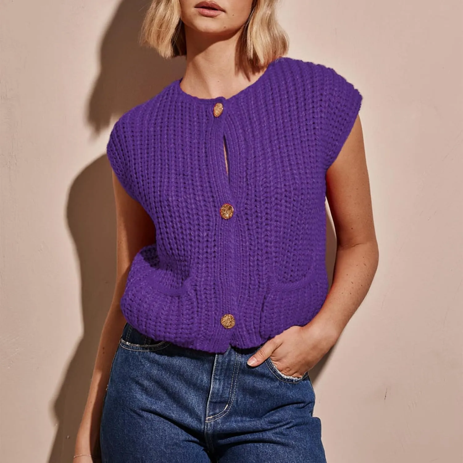 IMISSILLEB Women Oversized Button Down Sweater Vest Sleeveless V-Neck Chunky Knit Cardigan Vest Solid Color Summer Tank Top