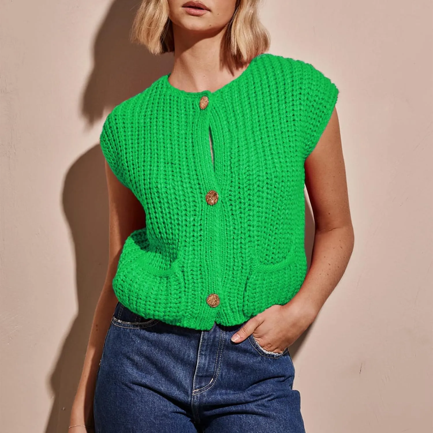 IMISSILLEB Women Oversized Button Down Sweater Vest Sleeveless V-Neck Chunky Knit Cardigan Vest Solid Color Summer Tank Top