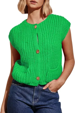 IMISSILLEB Women Oversized Button Down Sweater Vest Sleeveless V-Neck Chunky Knit Cardigan Vest Solid Color Summer Tank Top