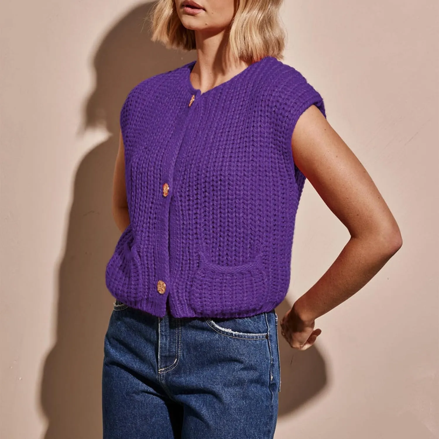 IMISSILLEB Women Oversized Button Down Sweater Vest Sleeveless V-Neck Chunky Knit Cardigan Vest Solid Color Summer Tank Top