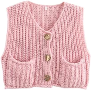 IMISSILLEB Women Oversized Button Down Sweater Vest Sleeveless V-Neck Chunky Knit Cardigan Vest Solid Color Summer Tank Top