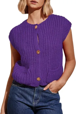 IMISSILLEB Women Oversized Button Down Sweater Vest Sleeveless V-Neck Chunky Knit Cardigan Vest Solid Color Summer Tank Top