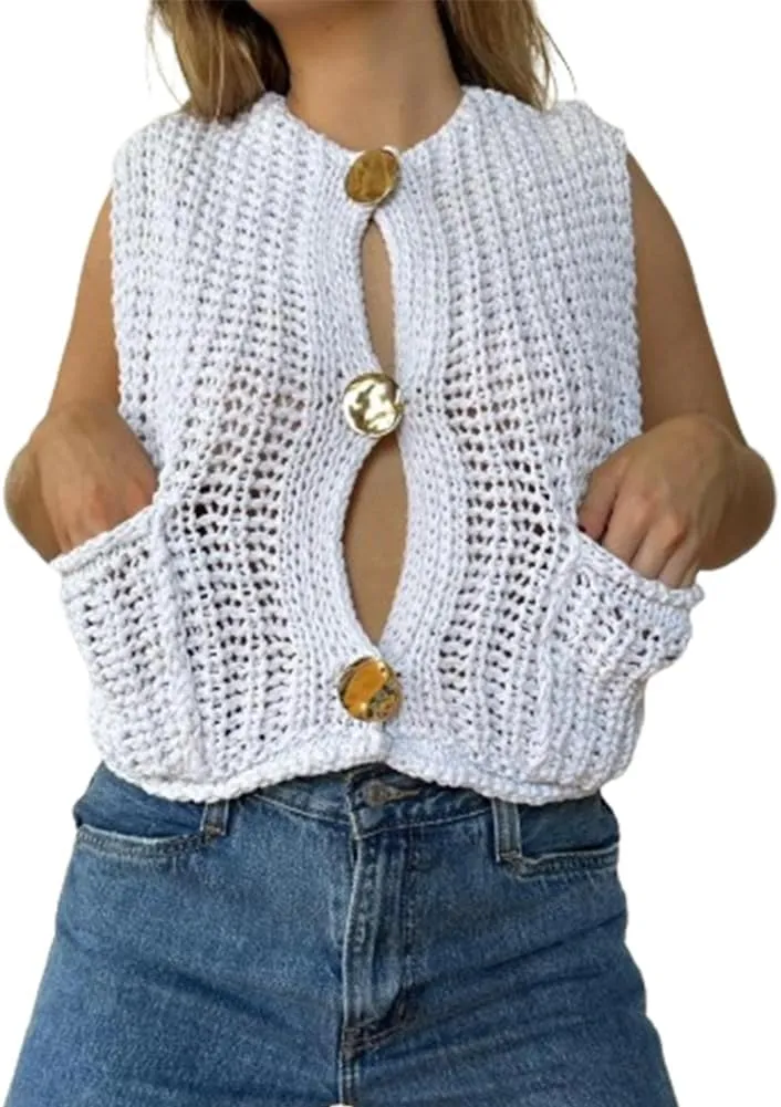IMISSILLEB Women Oversized Button Down Sweater Vest Sleeveless V-Neck Chunky Knit Cardigan Vest Solid Color Summer Tank Top