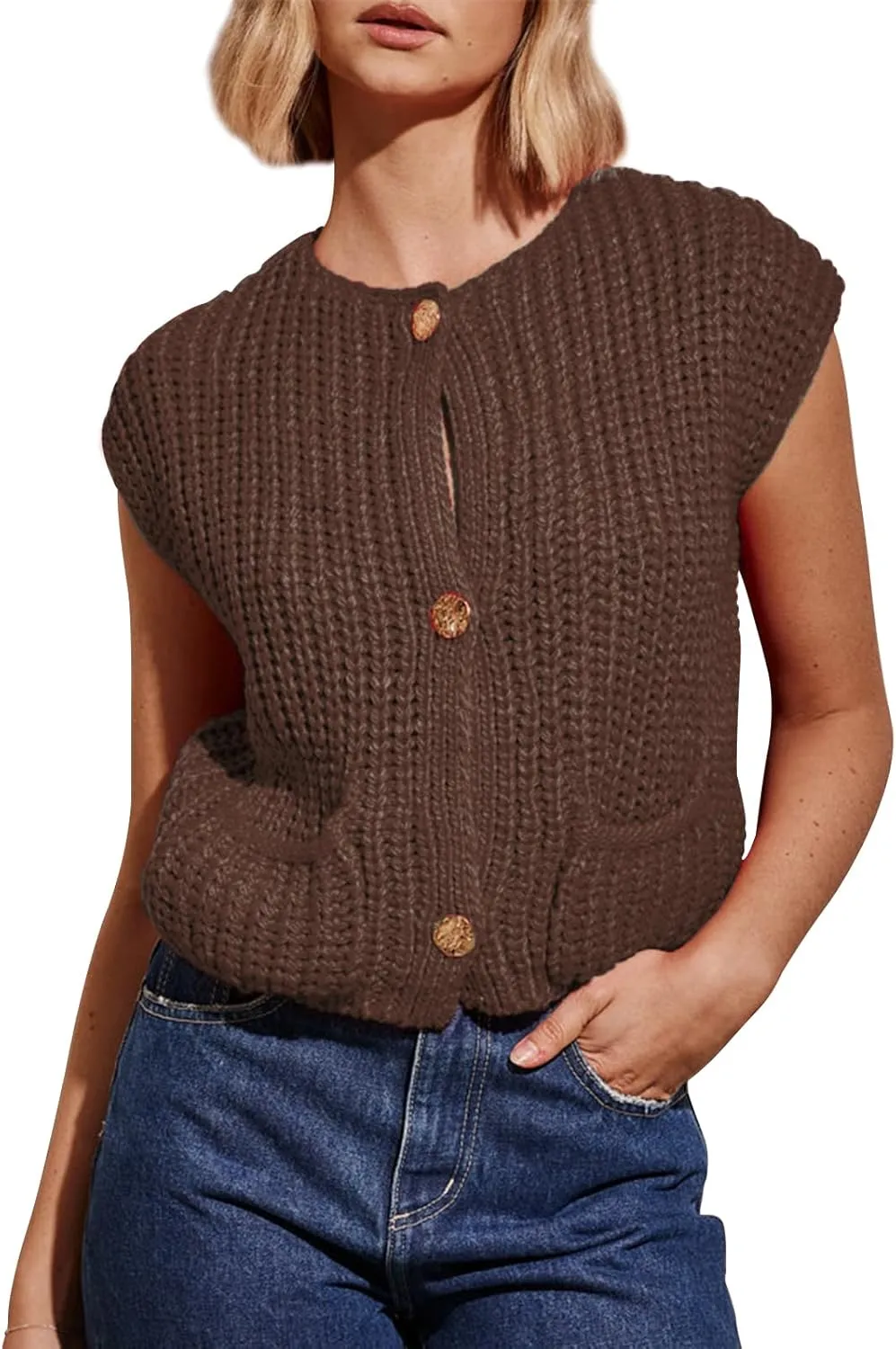 IMISSILLEB Women Oversized Button Down Sweater Vest Sleeveless V-Neck Chunky Knit Cardigan Vest Solid Color Summer Tank Top