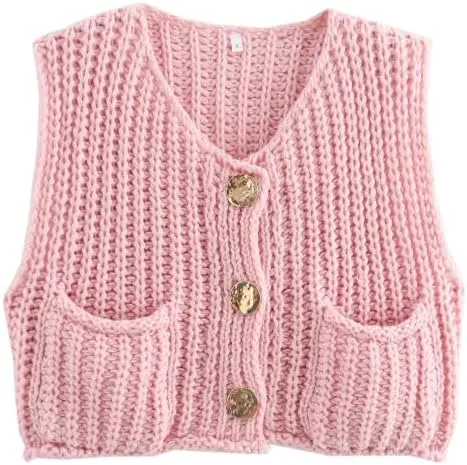 IMISSILLEB Women Oversized Button Down Sweater Vest Sleeveless V-Neck Chunky Knit Cardigan Vest Solid Color Summer Tank Top