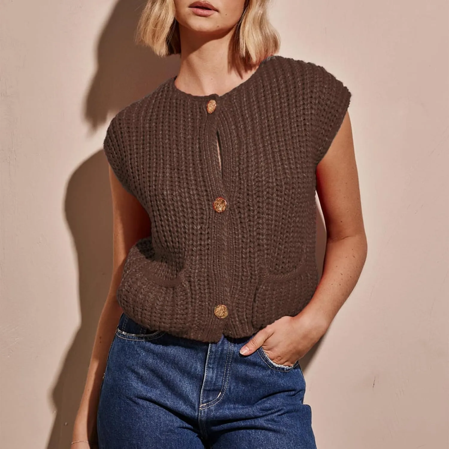 IMISSILLEB Women Oversized Button Down Sweater Vest Sleeveless V-Neck Chunky Knit Cardigan Vest Solid Color Summer Tank Top