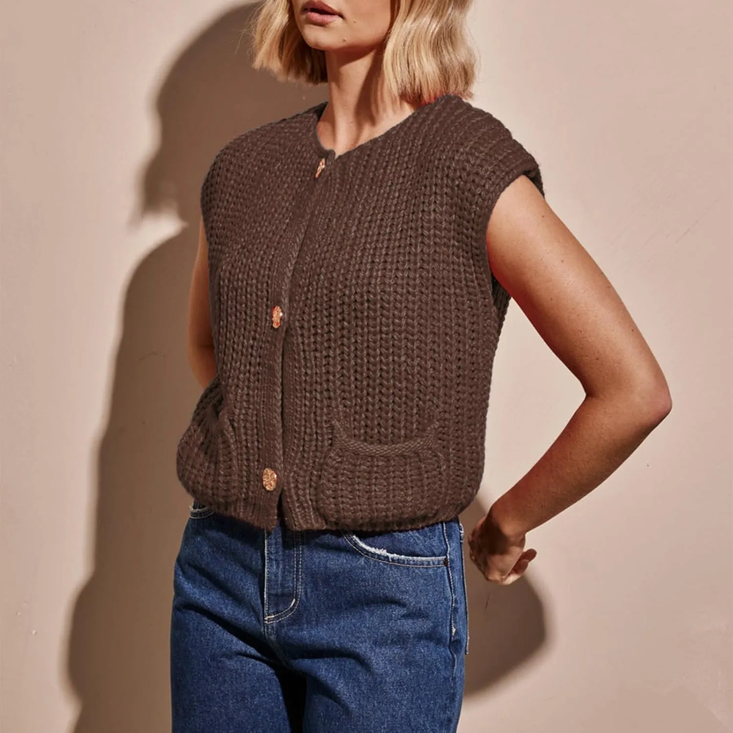 IMISSILLEB Women Oversized Button Down Sweater Vest Sleeveless V-Neck Chunky Knit Cardigan Vest Solid Color Summer Tank Top