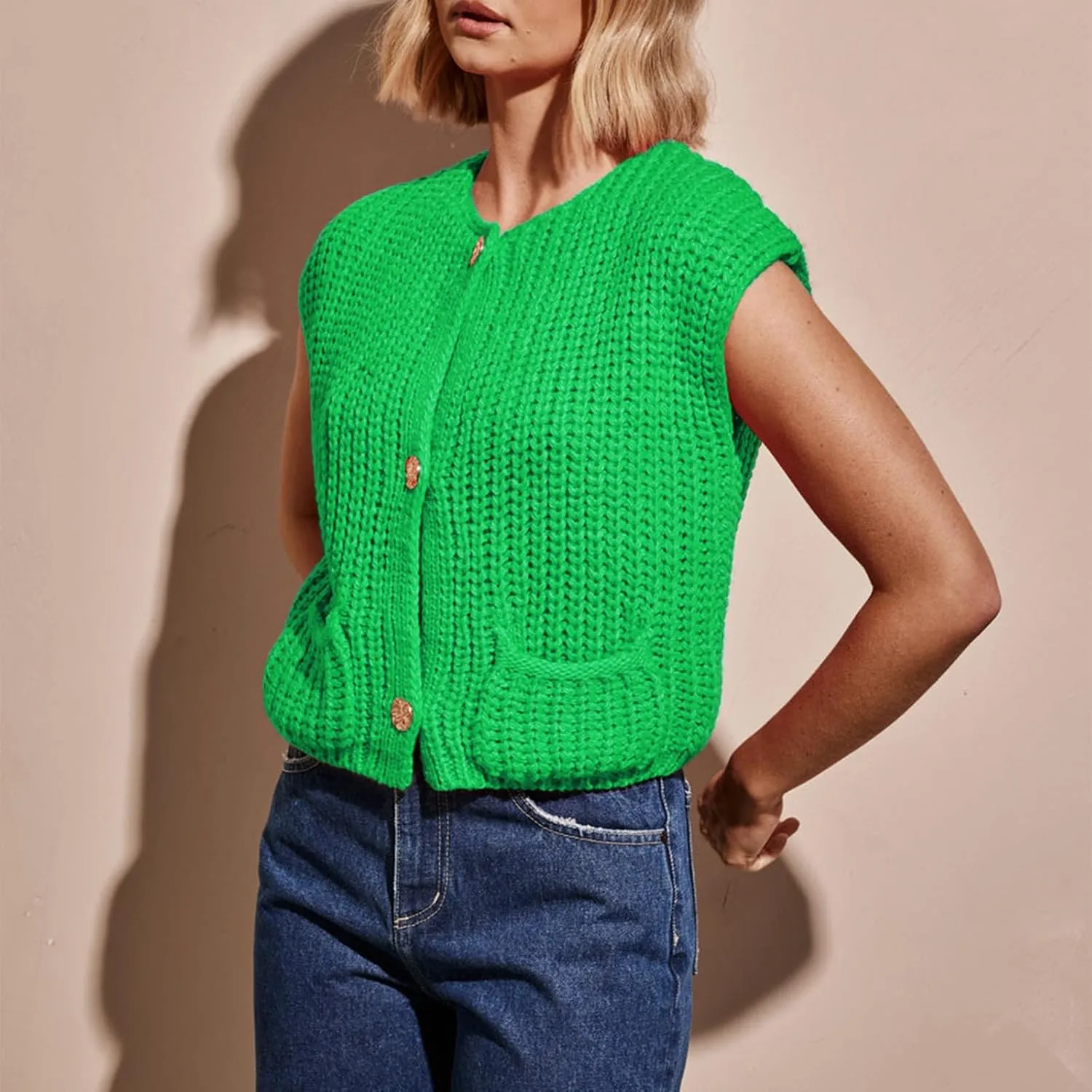 IMISSILLEB Women Oversized Button Down Sweater Vest Sleeveless V-Neck Chunky Knit Cardigan Vest Solid Color Summer Tank Top