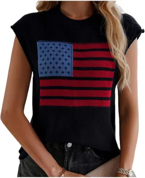 iTranyee Women Casual Cap Sleeve Sweater Vest Loose American Flag Knit Tank Top Loose Crew Neck Knitted Pullover Streetwear