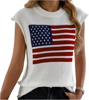 iTranyee Women Casual Cap Sleeve Sweater Vest Loose American Flag Knit Tank Top Loose Crew Neck Knitted Pullover Streetwear