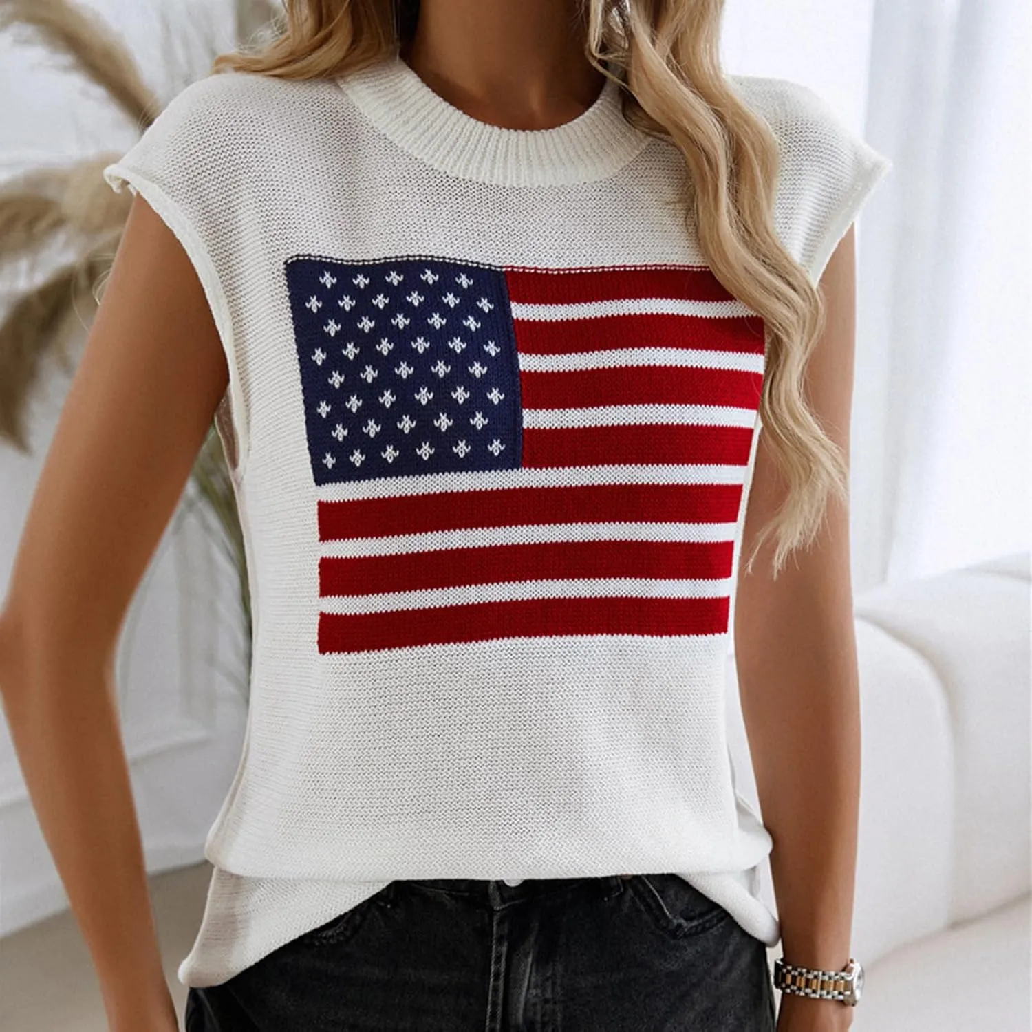 iTranyee Women Casual Cap Sleeve Sweater Vest Loose American Flag Knit Tank Top Loose Crew Neck Knitted Pullover Streetwear