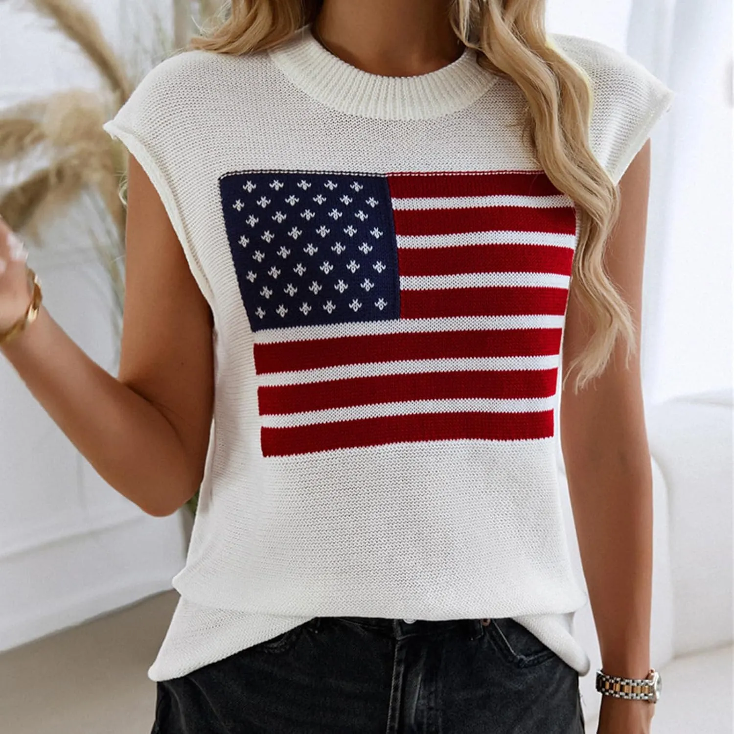 iTranyee Women Casual Cap Sleeve Sweater Vest Loose American Flag Knit Tank Top Loose Crew Neck Knitted Pullover Streetwear