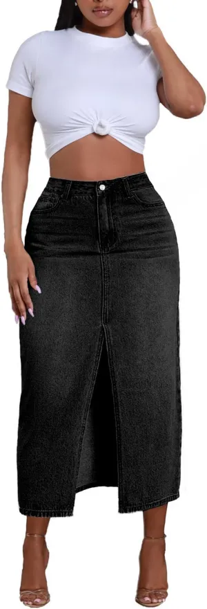 Jean Skirt for Women Denim Skirt High Waist Stretch Midi Denim Skirts with Pockets