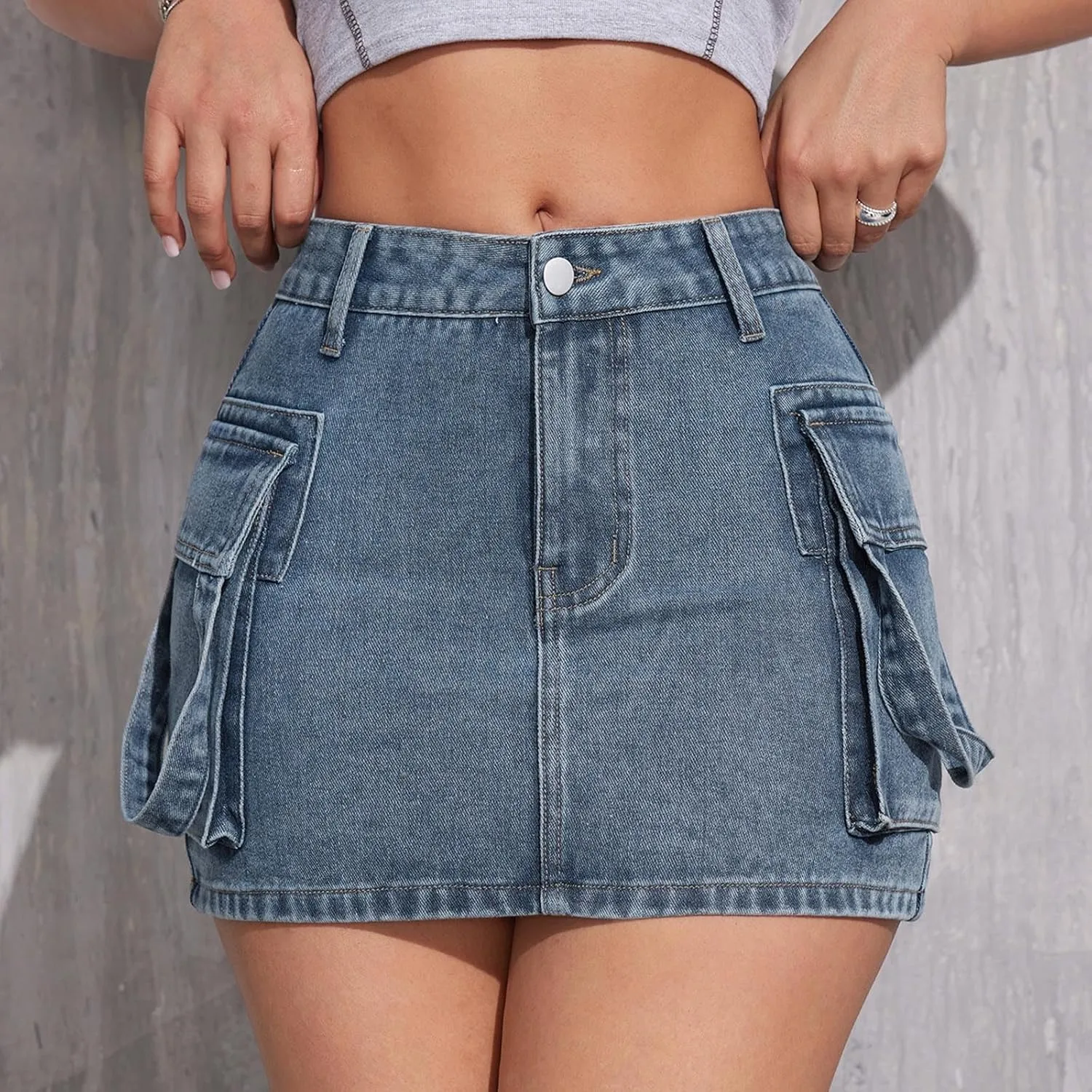 Jean Skirt,High Stretchy Denim Cargo Skort for Women High Waist Denim Skirt Casual Mini Skirt Shorts with Pockets