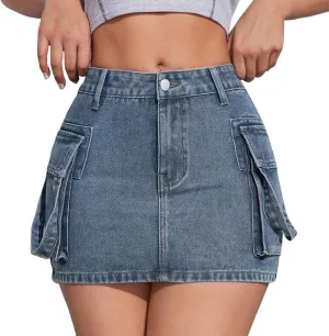 Jean Skirt,High Stretchy Denim Cargo Skort for Women High Waist Denim Skirt Casual Mini Skirt Shorts with Pockets