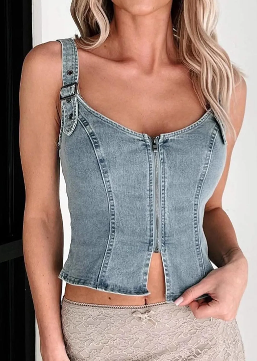 Jean Vest for Women Zipper Sleeveless Halter Crop Top Adjustable Strap Denim Tank Tops Y2k Slim Fit Zip Up Jacket