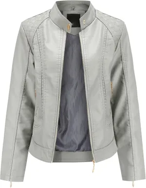 JEsilunmaMY Women's Solid Color Motorcycle Leather Jacket Stand Collar Zip Up Moto Biker Outwear Casual Loose Bomber Coats
