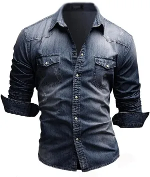 JSEIAJB Men's Cotton Denim Shirt Men's Long-Sleeved Slim Denim Shirt Clothing