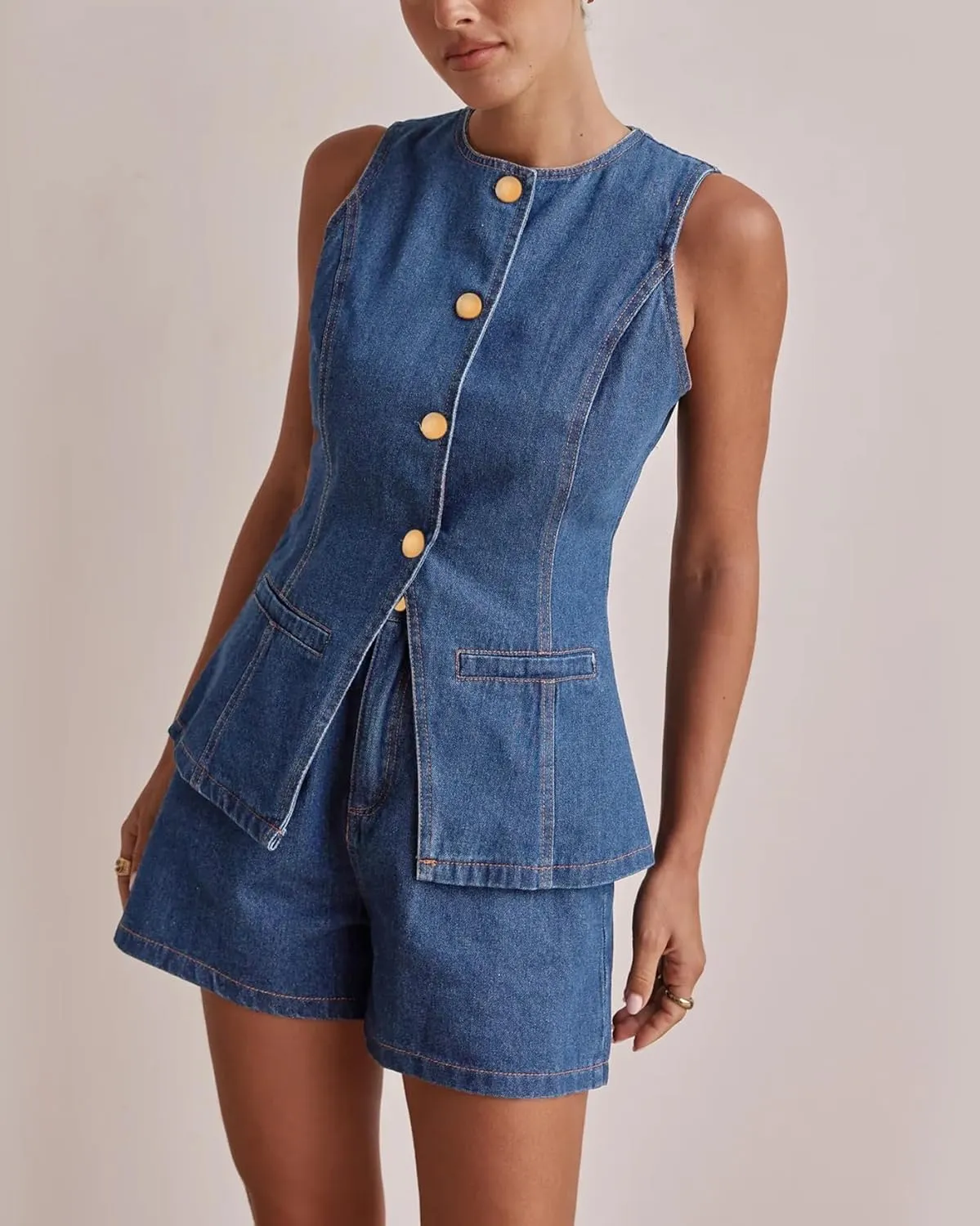 Kedera Women's Button Down Denim Vest Sleeveless Tank Tops Crew Neck Slim Fit Jean Jacket Waistcoat with Pockets
