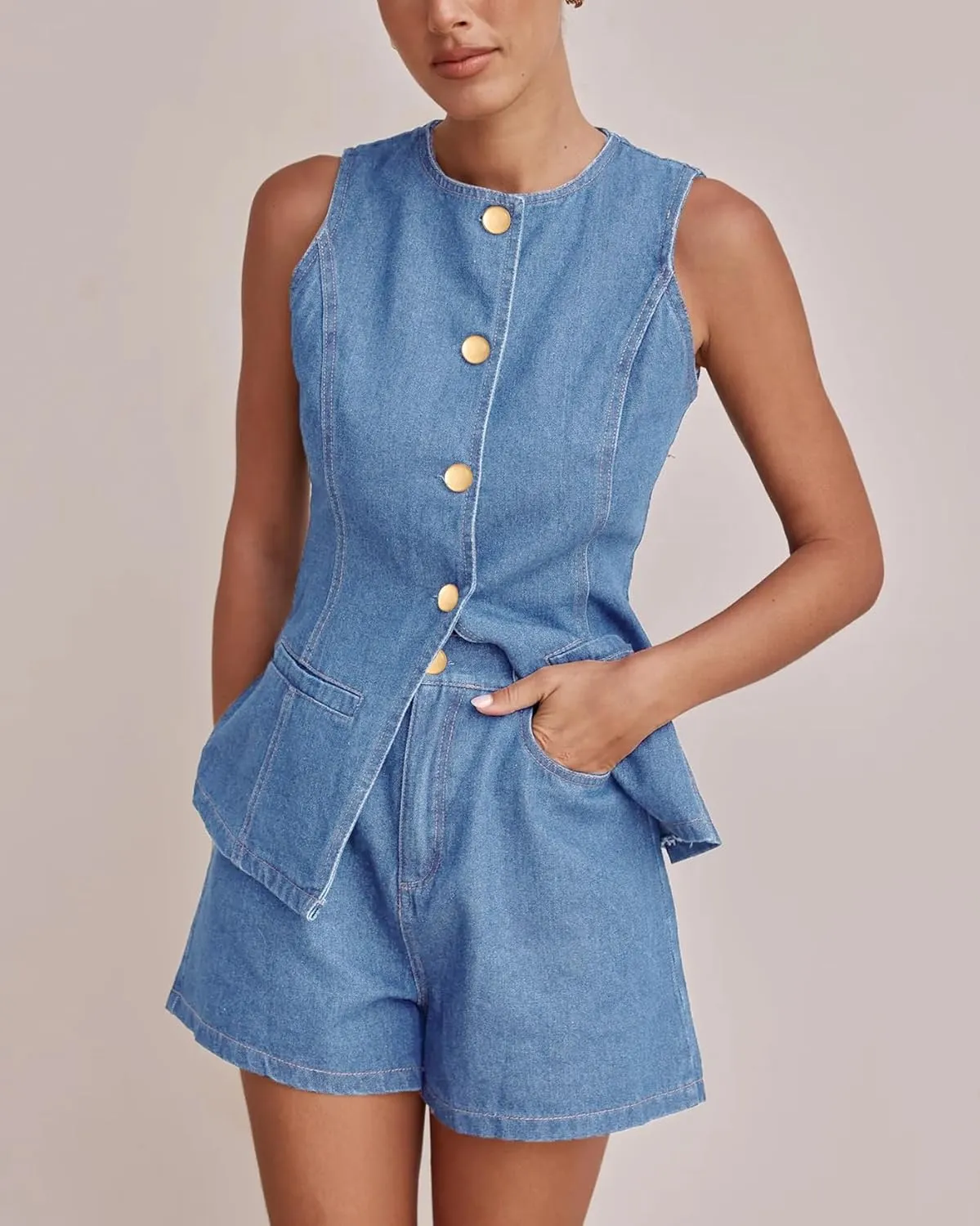 Kedera Women's Button Down Denim Vest Sleeveless Tank Tops Crew Neck Slim Fit Jean Jacket Waistcoat with Pockets