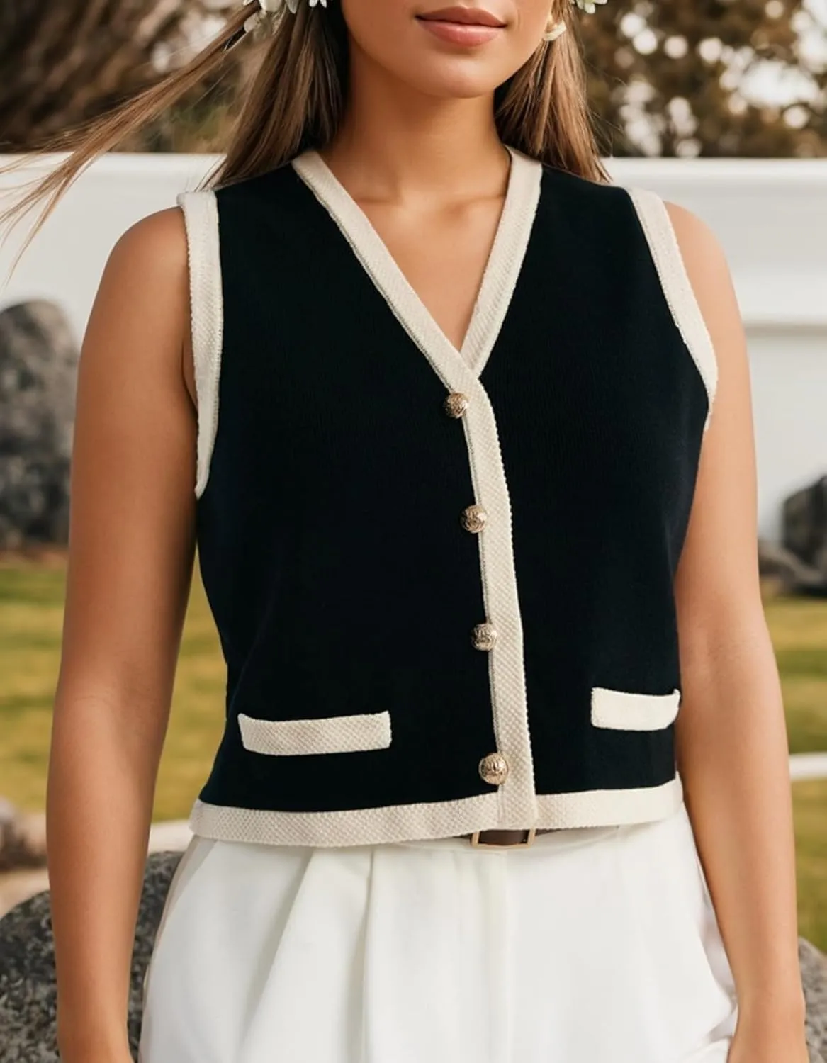 Kedera Women's Sleeveless Knit Striped Sweater Vest Tank Tops Summer Slim V Neck Trendy Pullover