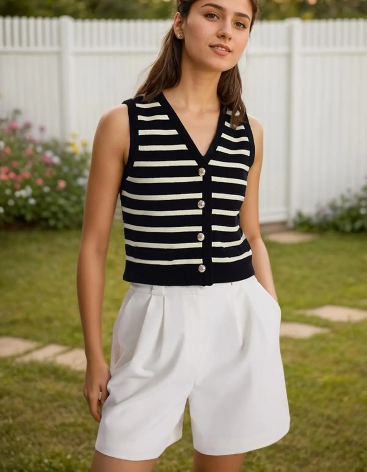 Kedera Women's Sleeveless Knit Striped Sweater Vest Tank Tops Summer Slim V Neck Trendy Pullover