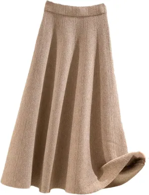 KEHAIOO Winter Autumn Women Knitted Pleated Midi Skirts, Ladies Solid Warm High Waist A-Line Skirt, Female Elegant A-Line