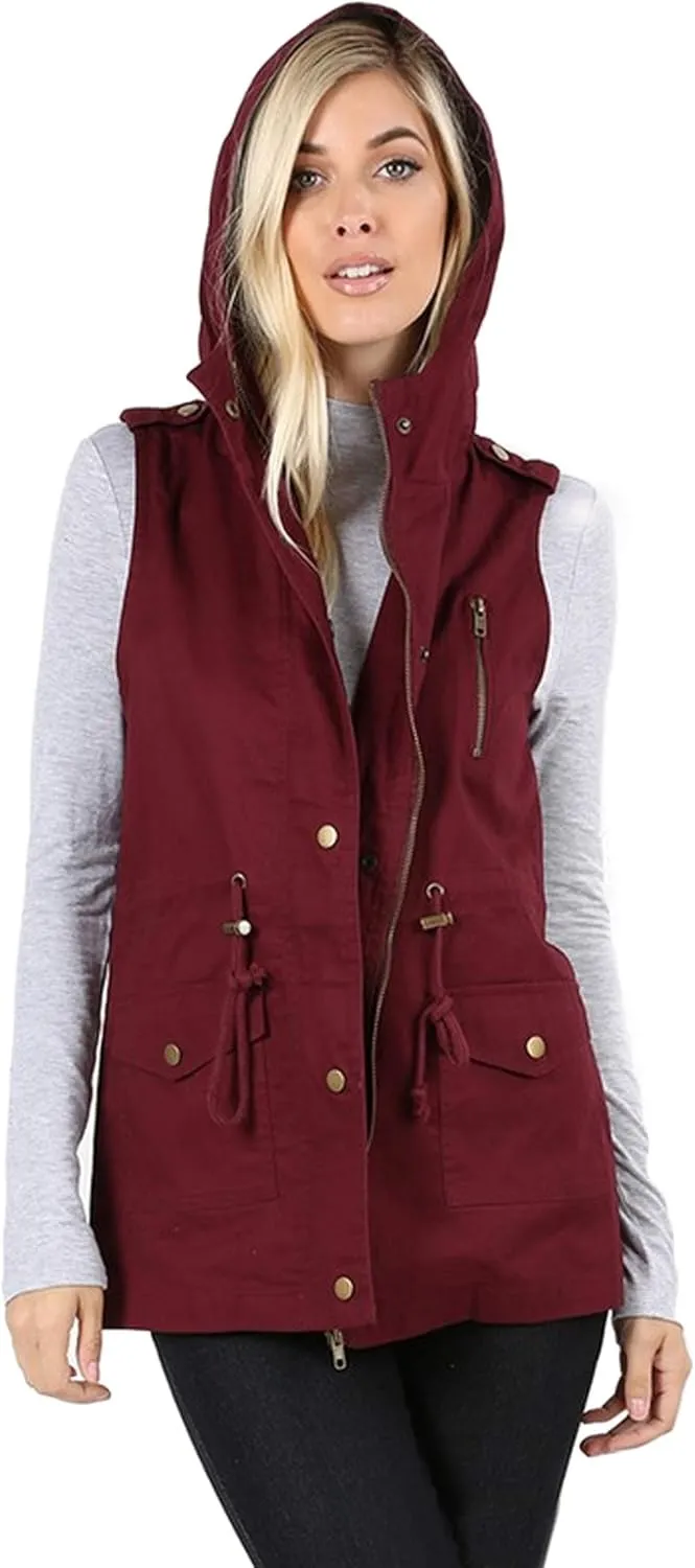 KOGMO Womens Zip Up Military Anorak Utility Vest with Hood True US Size (S-XL)