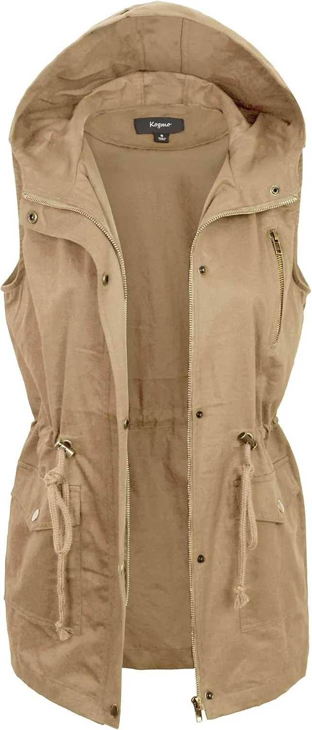 KOGMO Womens Zip Up Military Anorak Utility Vest with Hood True US Size (S-XL)
