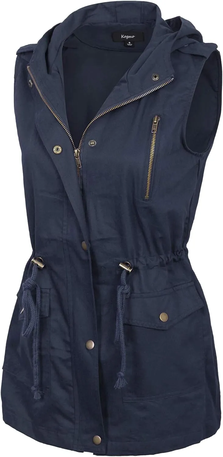 KOGMO Womens Zip Up Military Anorak Utility Vest with Hood True US Size (S-XL)