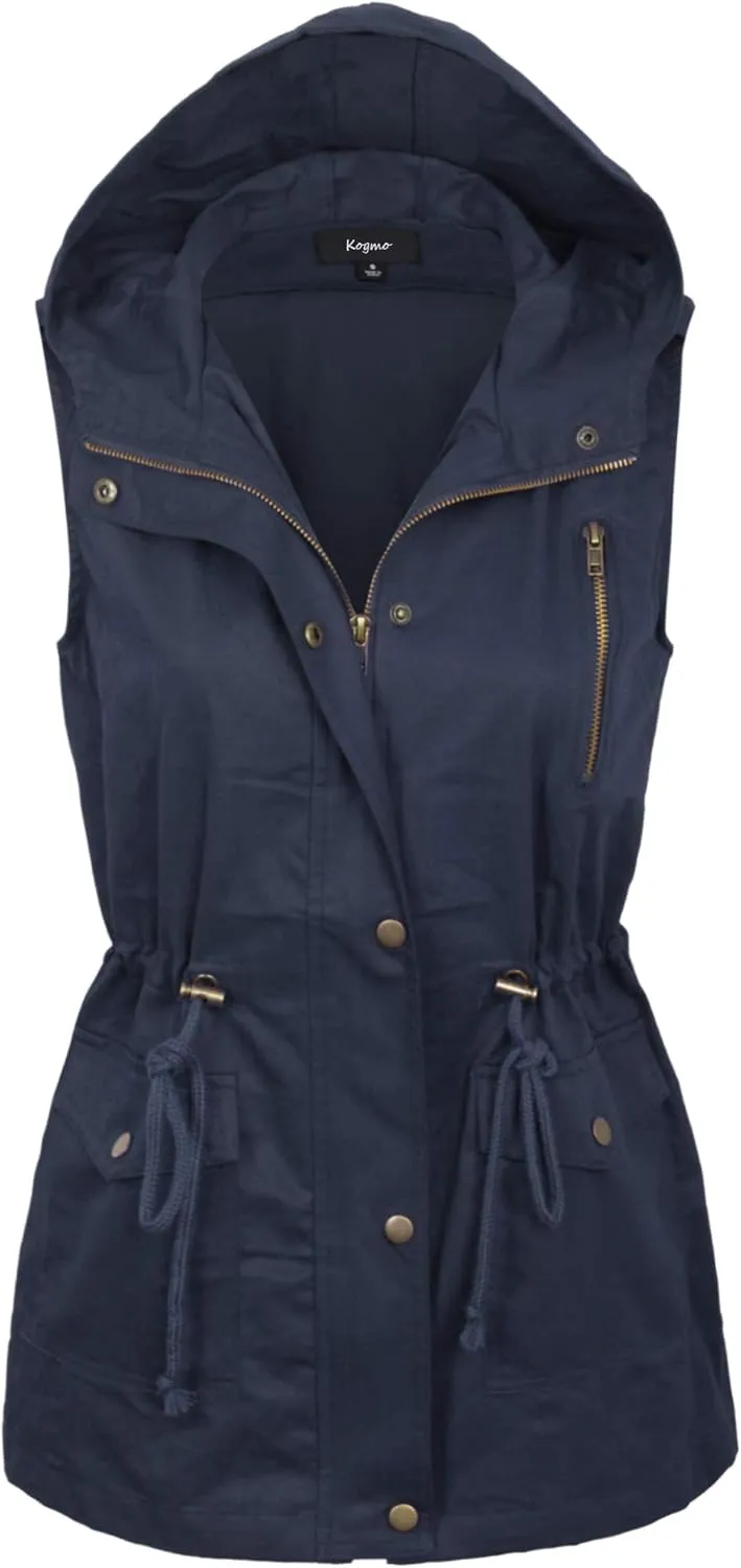 KOGMO Womens Zip Up Military Anorak Utility Vest with Hood True US Size (S-XL)