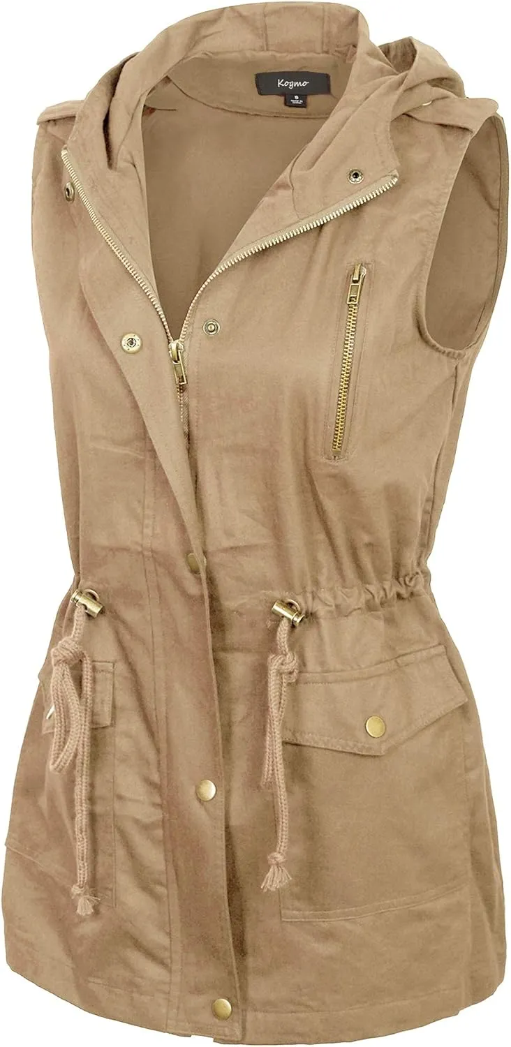 KOGMO Womens Zip Up Military Anorak Utility Vest with Hood True US Size (S-XL)