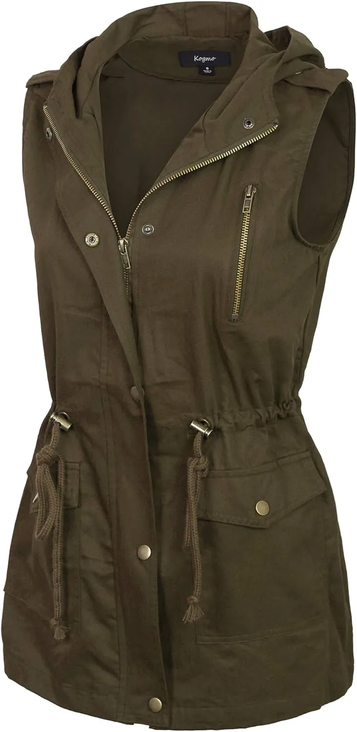 KOGMO Womens Zip Up Military Anorak Utility Vest with Hood True US Size (S-XL)