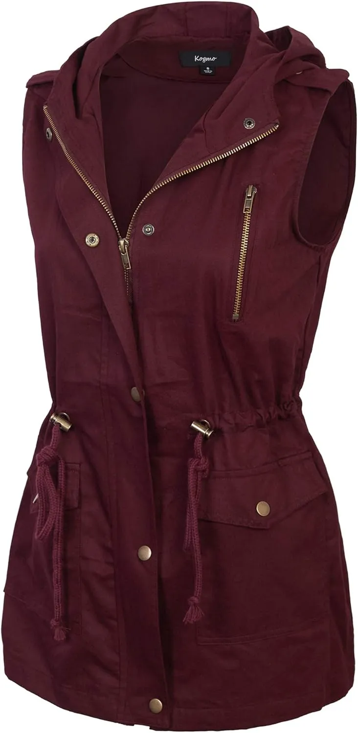 KOGMO Womens Zip Up Military Anorak Utility Vest with Hood True US Size (S-XL)