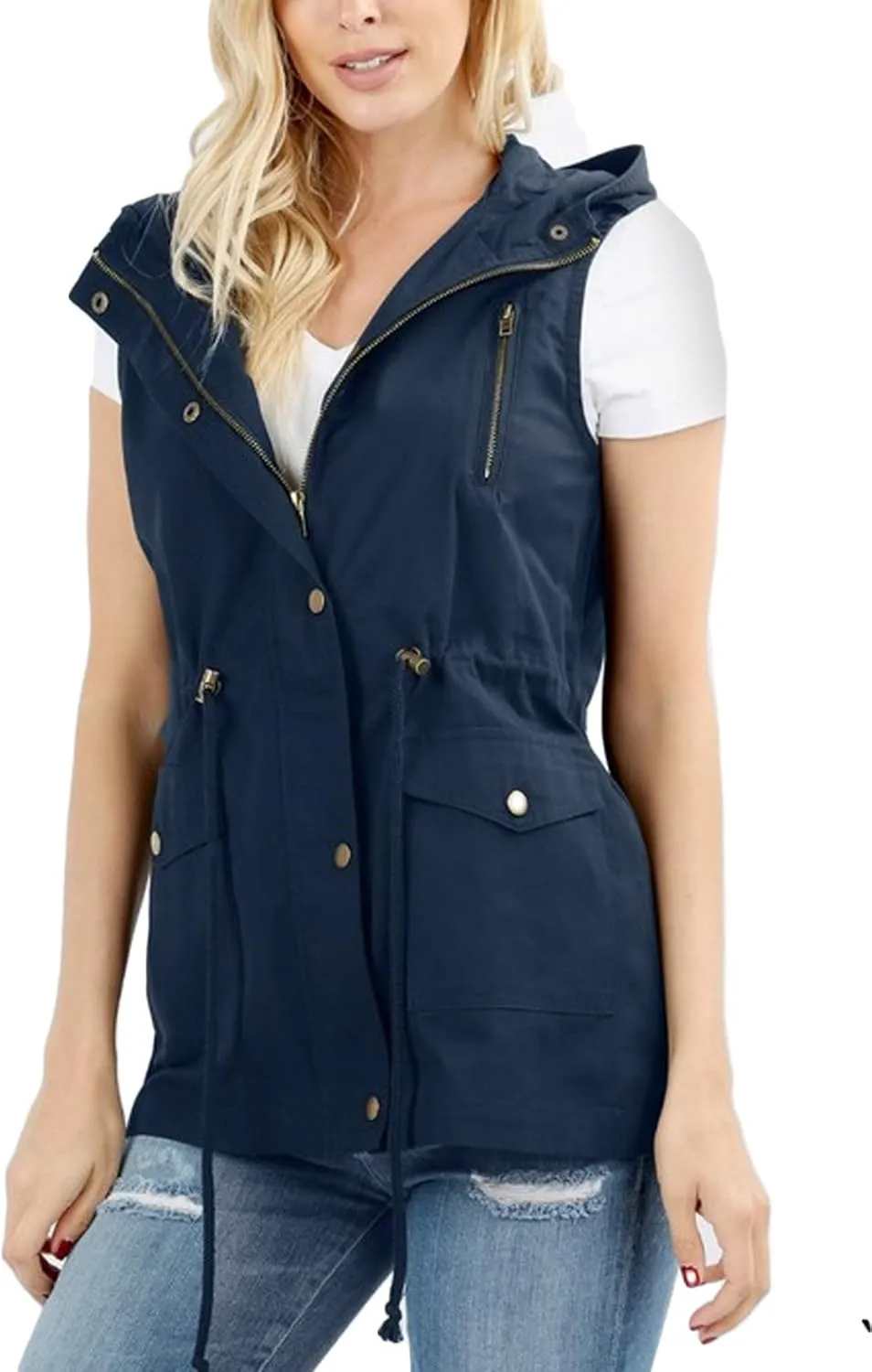 KOGMO Womens Zip Up Military Anorak Utility Vest with Hood True US Size (S-XL)