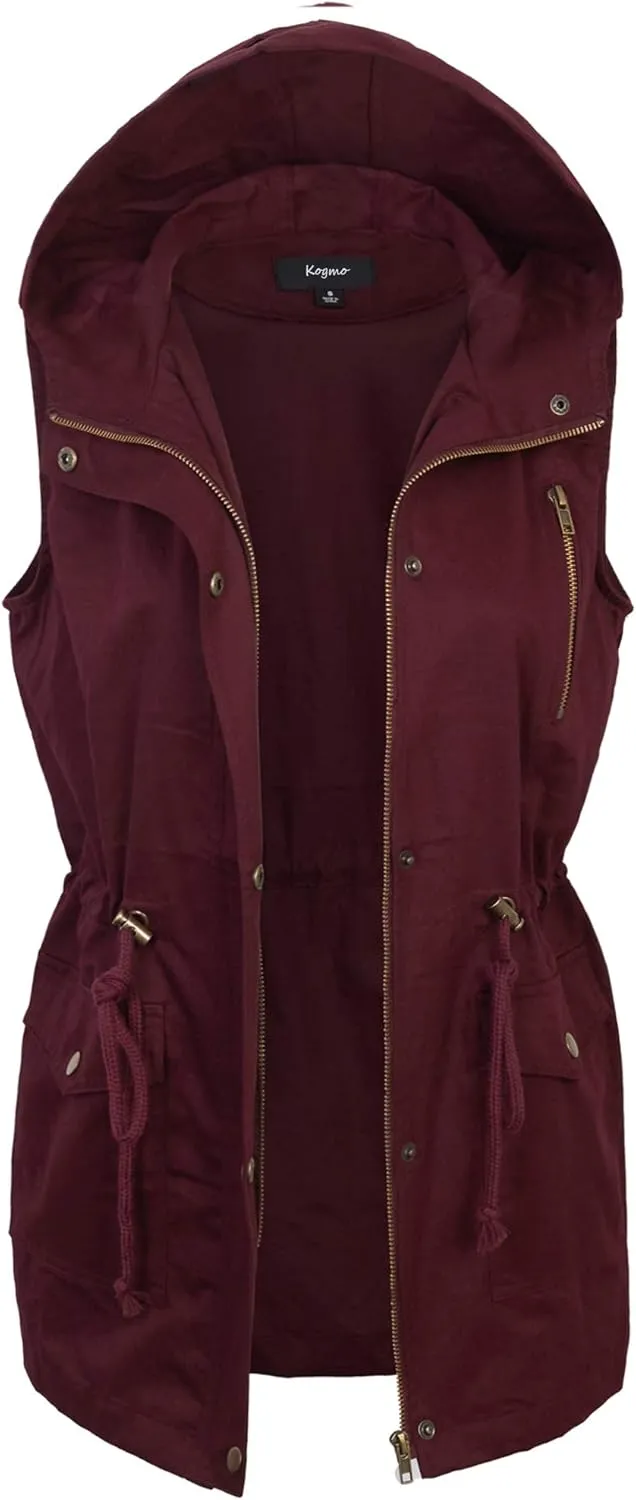 KOGMO Womens Zip Up Military Anorak Utility Vest with Hood True US Size (S-XL)