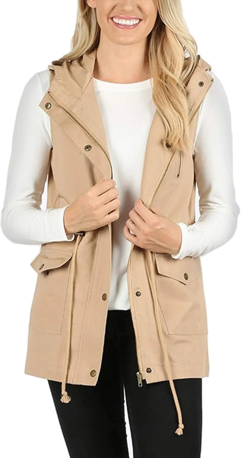 KOGMO Womens Zip Up Military Anorak Utility Vest with Hood True US Size (S-XL)