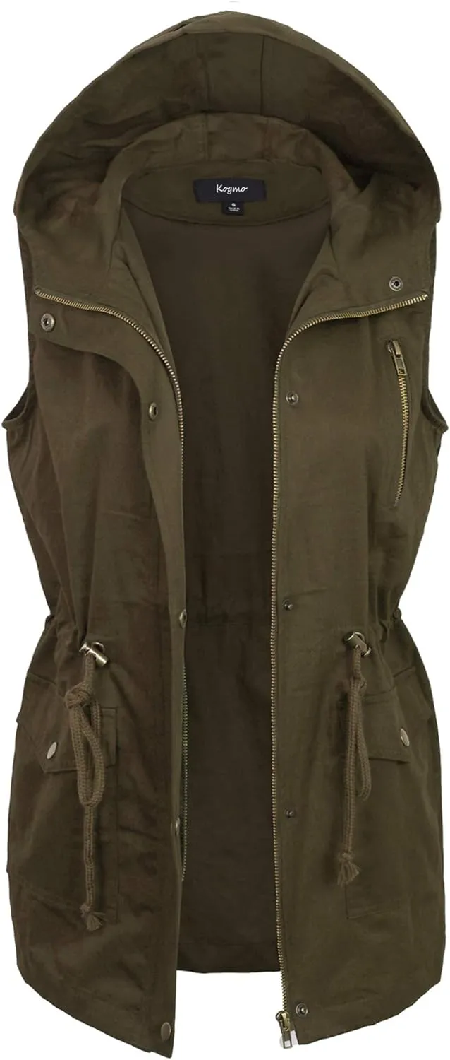 KOGMO Womens Zip Up Military Anorak Utility Vest with Hood True US Size (S-XL)