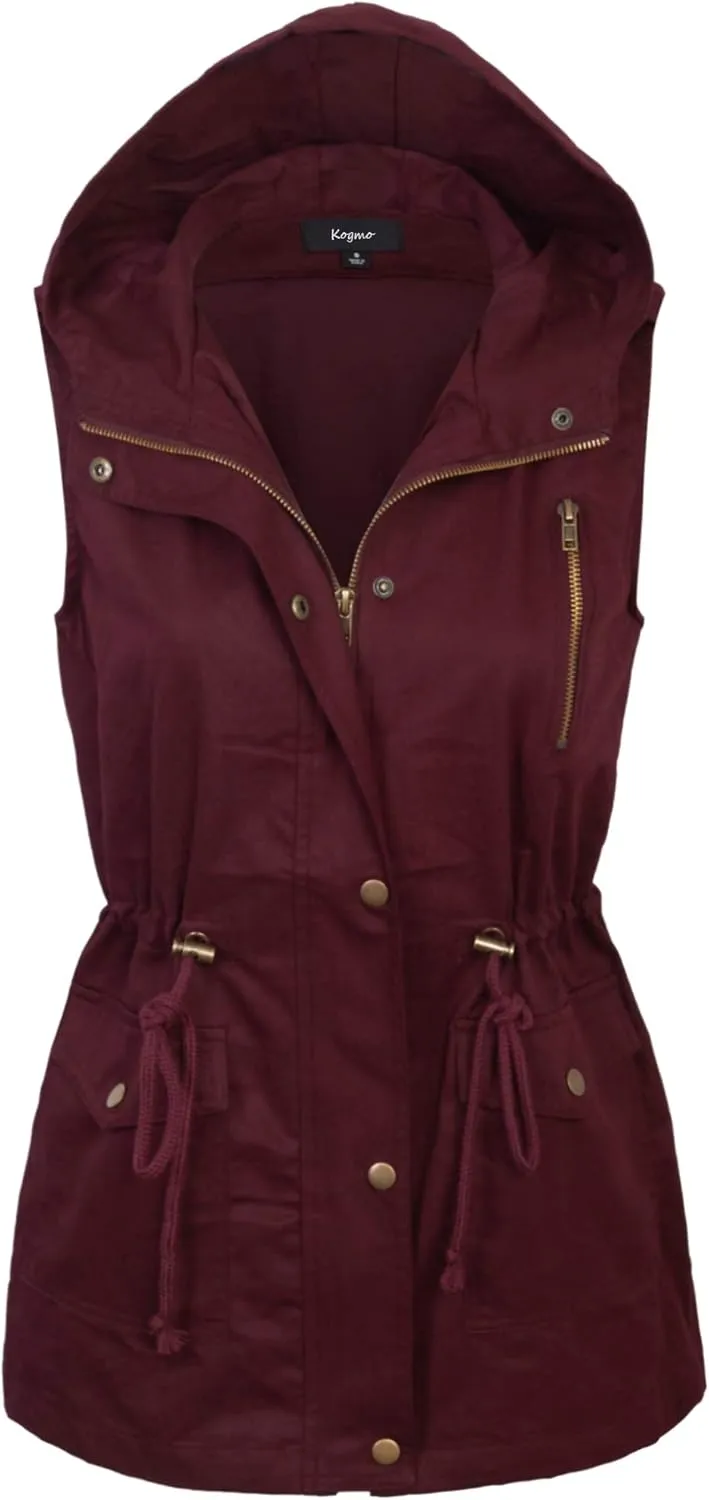 KOGMO Womens Zip Up Military Anorak Utility Vest with Hood True US Size (S-XL)