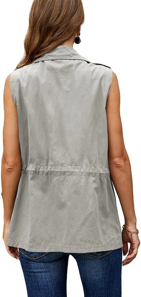 Koodred Women's Casual Military Utility Vest Lightweight Sleeveless Drawstring Jackets with Pockets