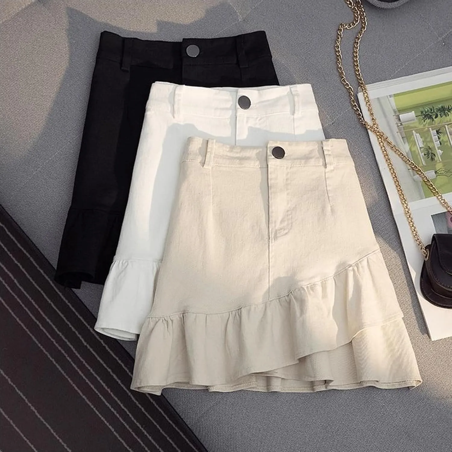 Korean Version Denim Short Skirt Women's Ruffled Denim Short Skirt Women's Mini Pleated Short Skirt