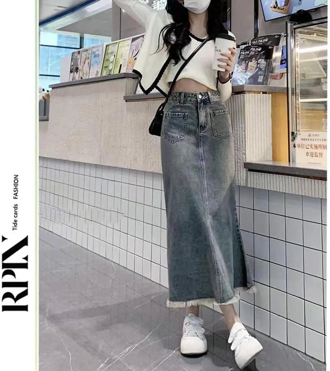 Korean Vintage Denim Skirt, Women's high Waisted Fishtail Half Length Denim Skirt, Gothic Denim Skirt