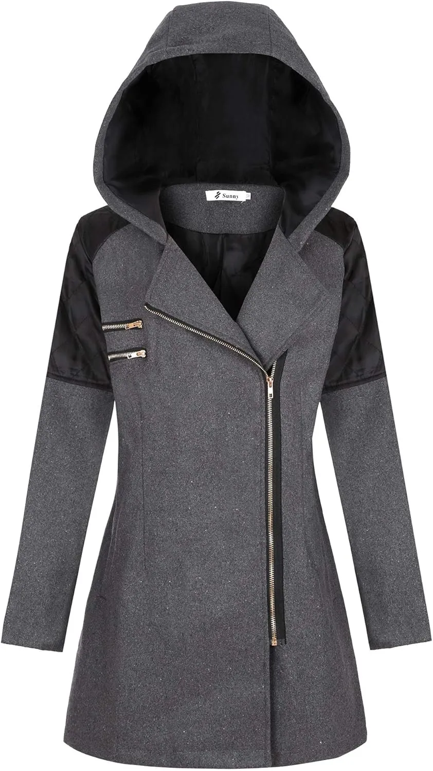 Kubbon Women Wool Blend Jacket Oversized Zip Up Long Sleeve Pea Coat Elegant Lapel Open Front Trench Coat with Pockets