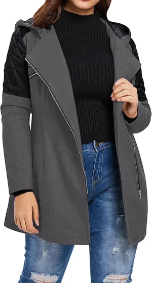Kubbon Women Wool Blend Jacket Oversized Zip Up Long Sleeve Pea Coat Elegant Lapel Open Front Trench Coat with Pockets