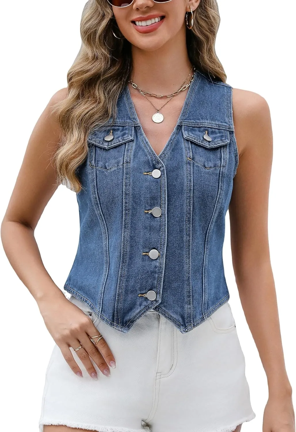 Ladyful Denim Vest Top for Women V Neck Jean Vest Waistcoat Button Down Sleeveless Crop Denim Top