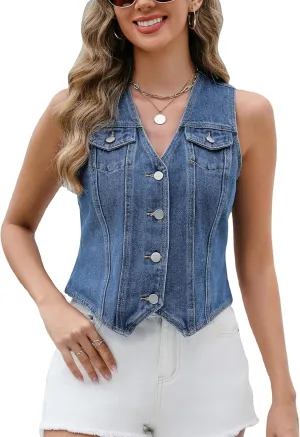 Ladyful Denim Vest Top for Women V Neck Jean Vest Waistcoat Button Down Sleeveless Crop Denim Top