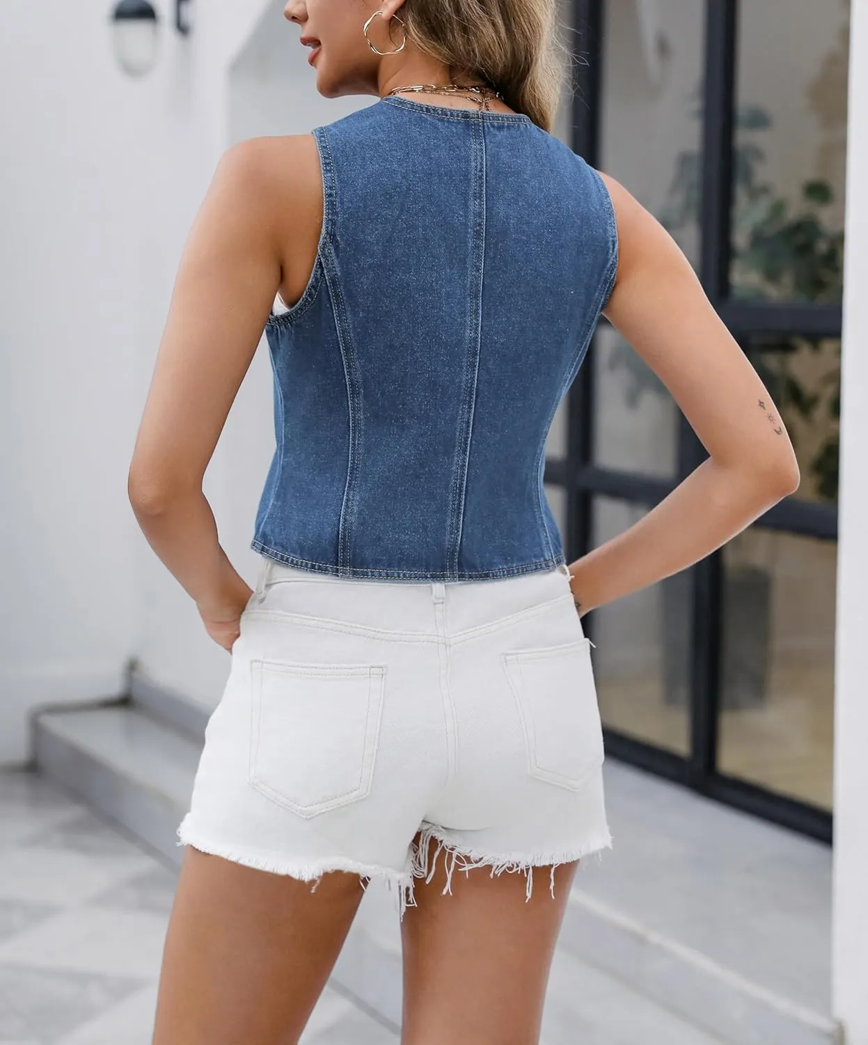 Ladyful Denim Vest Top for Women V Neck Jean Vest Waistcoat Button Down Sleeveless Crop Denim Top