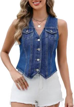 Ladyful Denim Vest Top for Women V Neck Jean Vest Waistcoat Button Down Sleeveless Crop Denim Top